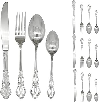 24Pcs Vintage Baroque Silverware Set 18/10(304) Stainless Steel Luxury Antique Western Royal Style Flatware Set include Hollow Relief Handle Spoon Fork Knife, Service for 6