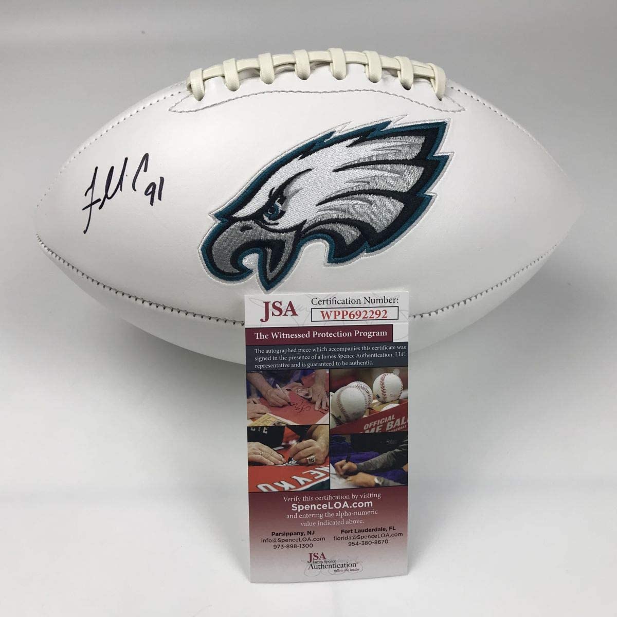 Autographed/Signed Fletcher Cox Philadelphia Eagles Full Size F/S White Panel Logo Football JSA COA