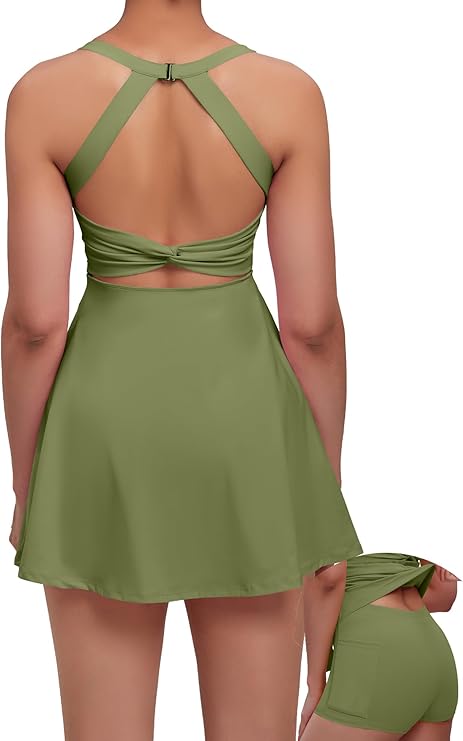 Womens Tennis Golf Dress with Open-Back Waistband Shorts Pockets Workout Athletic Dresses