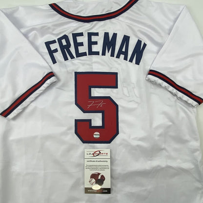 Autographed/Signed Freddie Freeman Atlanta White Baseball Jersey Lojo Exclusive COA