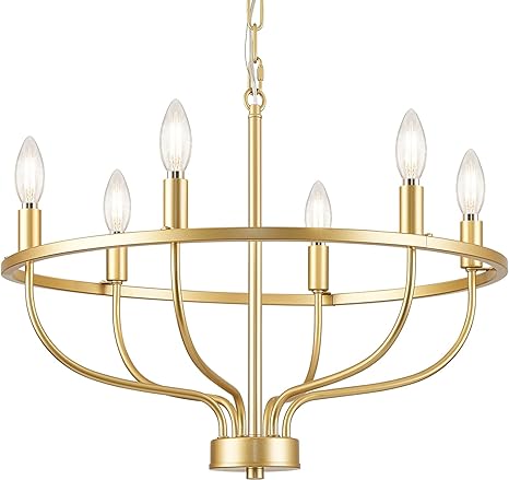 6 Light Gold Chandelier, Modern Farmhouse Chandeliers for Dining Room Light Fixture Over Table, Brass Candle Ceiling Pendant Chandelier for Entryway Foyer Bedroom Kitchen Living Room