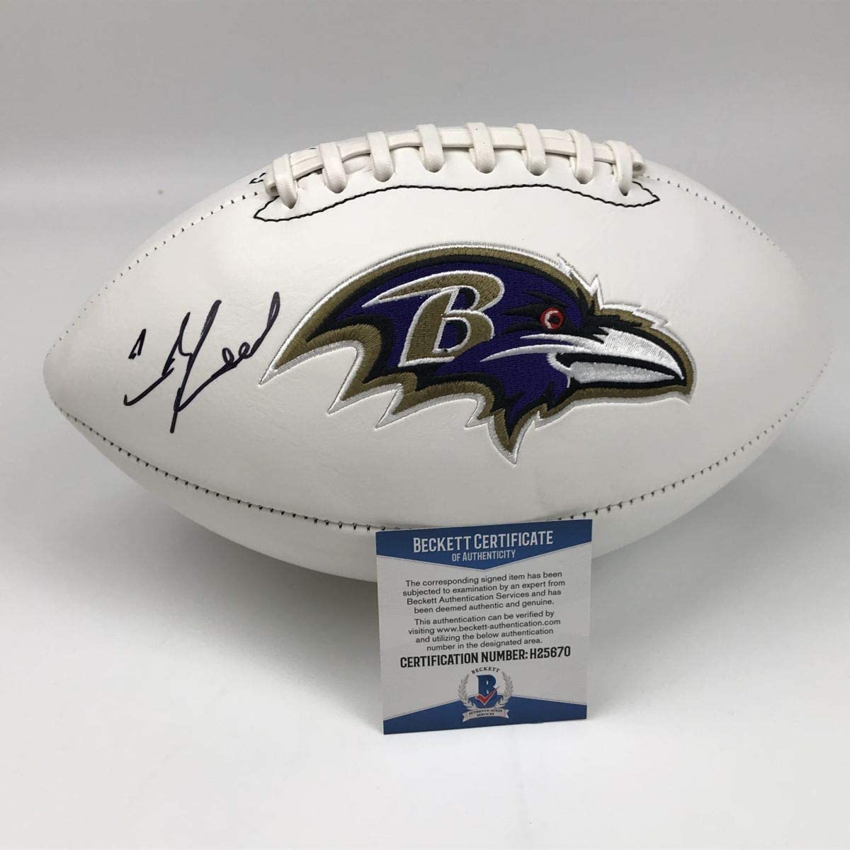 Autographed/Signed Ed Reed Baltimore Ravens FS White Panel Logo Football Beckett BAS COA