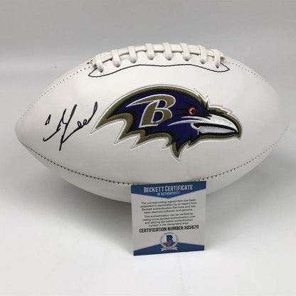 Autographed/Signed Ed Reed Baltimore Ravens FS White Panel Logo Football Beckett BAS COA