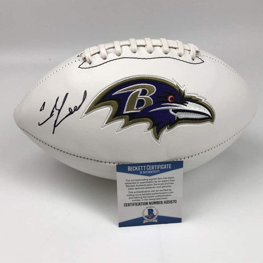 Autographed/Signed Ed Reed Baltimore Ravens FS White Panel Logo Football Beckett BAS COA
