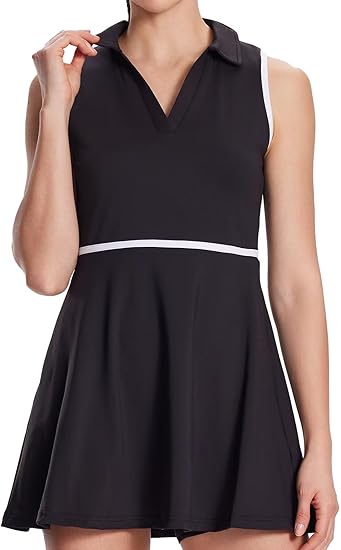 Women's Tennis Dress with Detachable Pocket Shorts, Convertible V-Neck & Polo Collar for Golf Gym