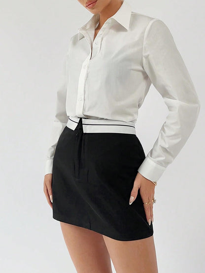 Floerns Women's Contrast Trim Business Workwear Skirts Bodycon Mini Skirt Black Medium