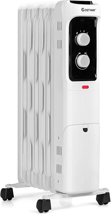 COSTWAY Oil Filled Radiator Heater, 1500W Electric Oil Heater with 3 Heating Mode, Adjustable Thermostat, Tip-Over and Overheat Protection, Portable Space Heater for Home Office Indoor Use (White)