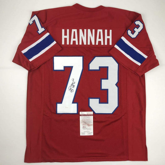 Autographed/Signed John Hannah HOF 91 New England Red Football Jersey JSA COA