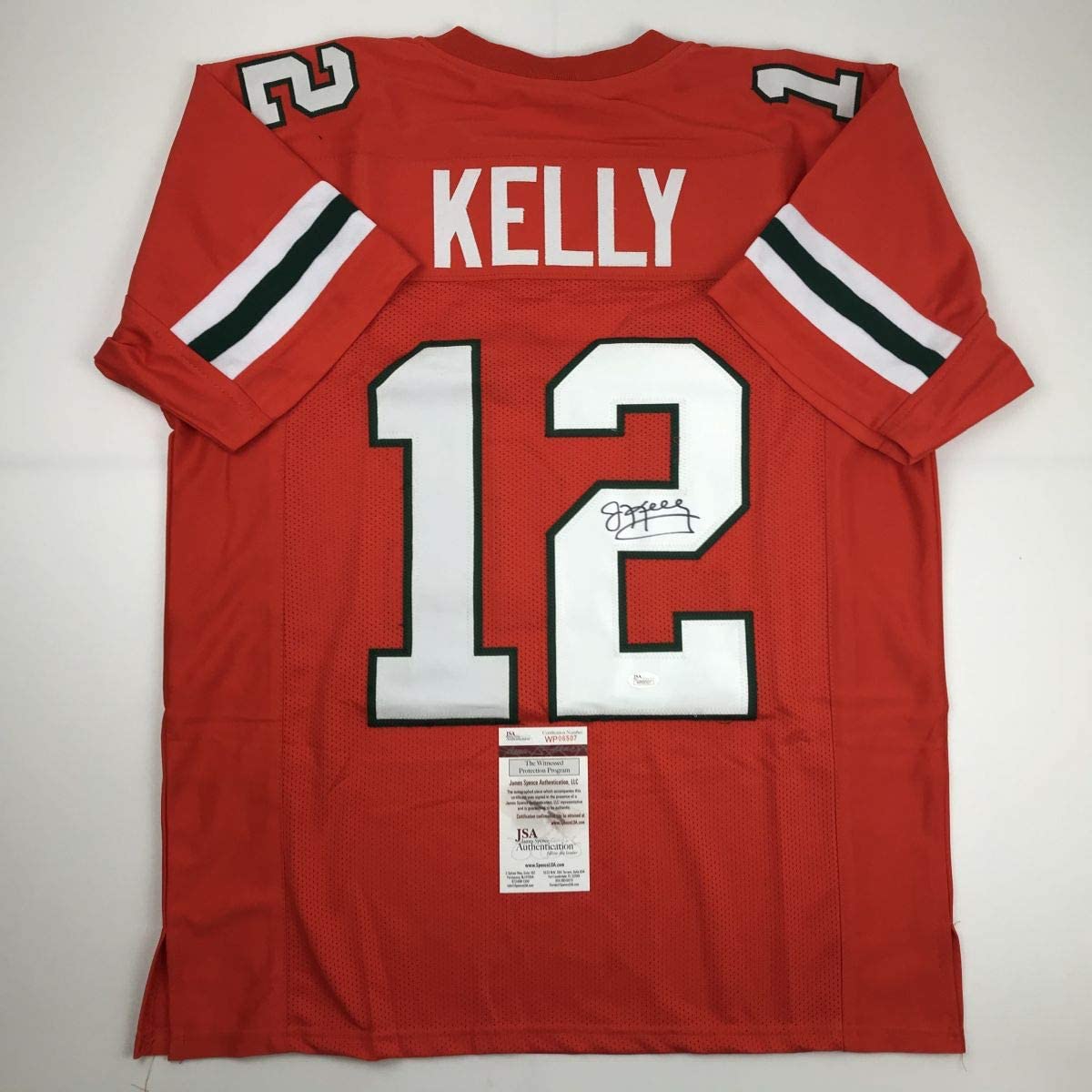 Autographed/Signed Jim Kelly Miami Orange College Football Jersey JSA COA