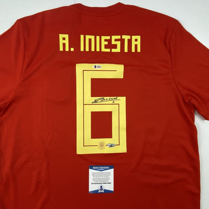 Autographed/Signed Andres Iniesta Spain Red World Cup Soccer Futbol Jersey Beckett BAS COA