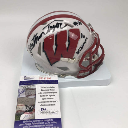 Autographed/Signed Jonathan Taylor Inscribed On Wisconsin Badgers White College Football Mini Helmet JSA COA