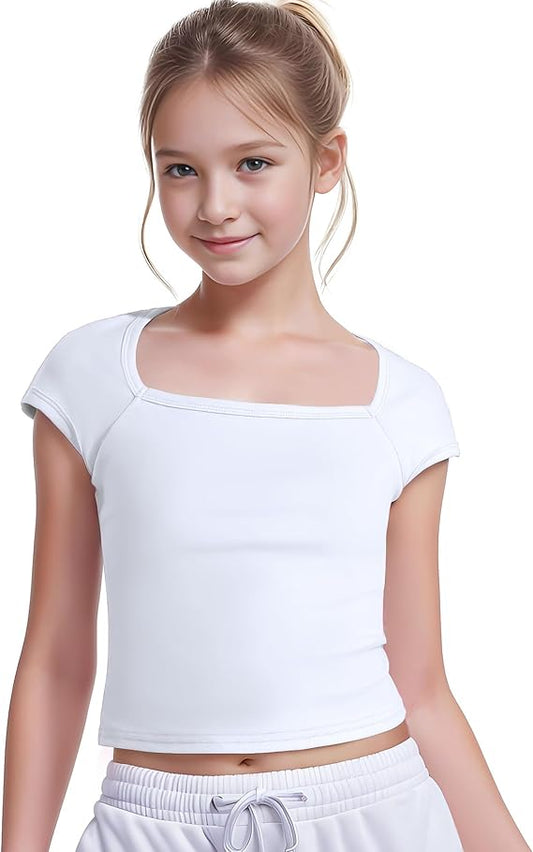 Crop Tops for Girls Short Sleeve Shirt Girls Summer Tops Square Neck Slim Fit Tops Basic Tee