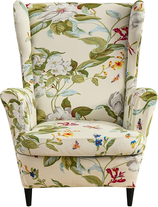 CRFATOP 2 Piece Stretch Wingback Chair Cover Printed Wing Chair Slipcovers Spandex Fabric Wingback Armchair Covers with Elastic Bottom for Living Room Bedroom Wingback Chair (06)