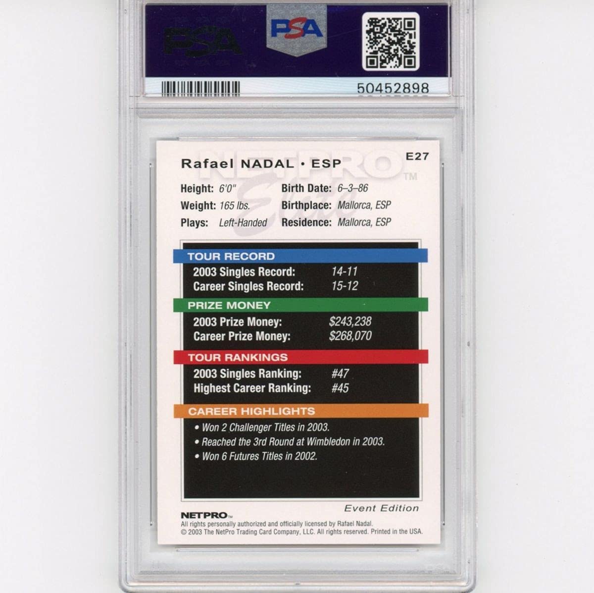Graded 2003 Netpro Elite Rafael Nadal #E27 Event Edition Rookie RC Tennis Card PSA 10 Gem Mint