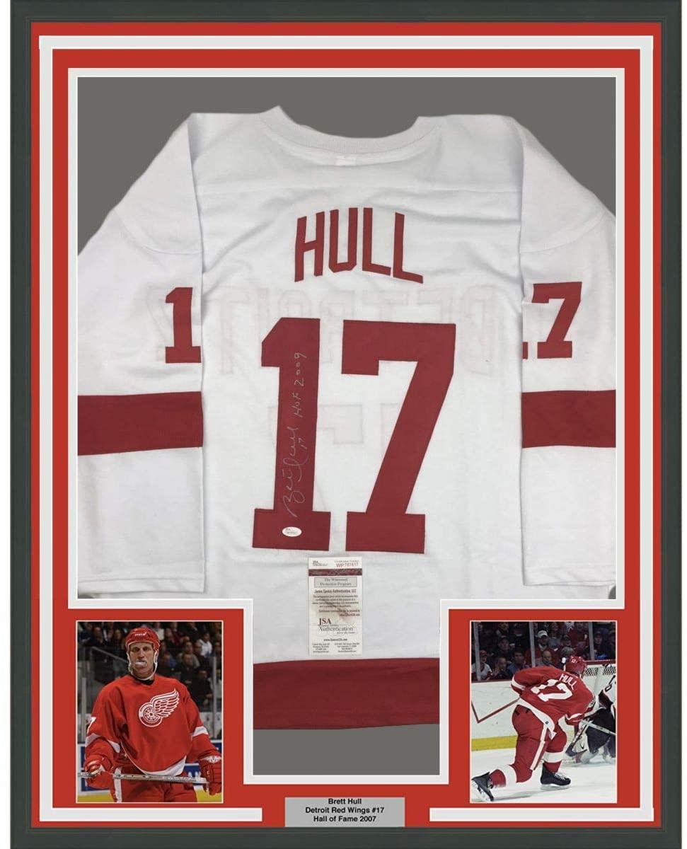 Framed Autographed/Signed Brett Hull HOF 2009 35x39 Detroit White Hockey Jersey JSA COA