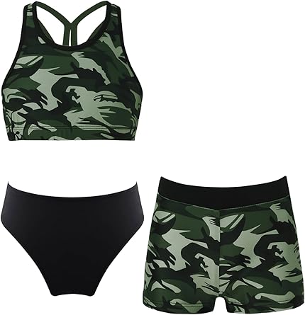 Kids Girls 3 Piece Tankini Swimsuit Hawaiian Prints Race Back Tank Top with Bottom Shorts Bathing Suit Swimwear