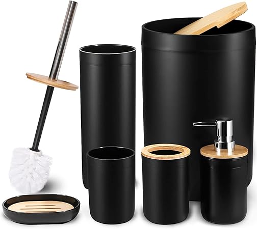 CERBIOR Bamboo Bathroom Accessory Set, 6 Pieces Bath Set- Soap Dish Toothbrush Holder Rinse Cup Lotion Bottle Trash Can Toilet Brush - Practical Toilet Kit for Home Washing Room´_‘Black