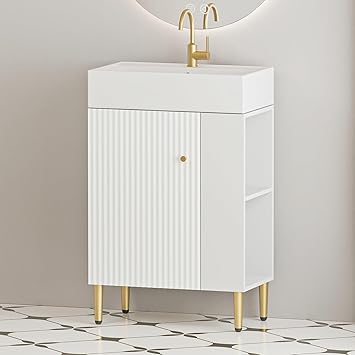 21.6 Inch Bathroom Vanity with Sink, Vanities with Square Ceramic Sink Top and Right Side Storage, Combo Stand Storage Cabinet Set for Small Bathroom (White)