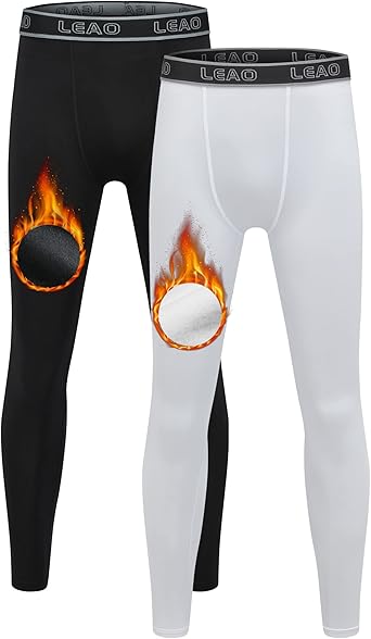 LEAO Youth Boys Compression Leggings Fleece Quick Dry Sports Tights Soccer Baseball Basketball Baselayer Pants