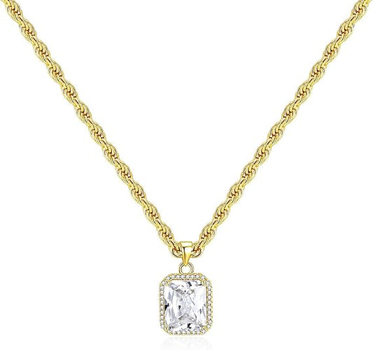 Baguette Stone Rope Necklace Roman Rope Statement Necklace | Gold Rope Chain Baguette Pendant Necklace | 18K Gold Plated Chain 20''-22'' Adjustable