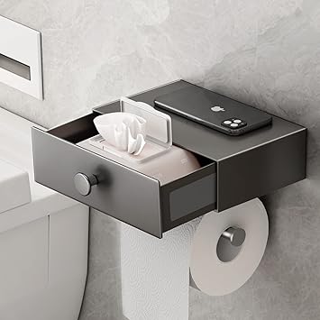VOLDRA Toilet Paper Holder with Shelf Adhesive Toilet Paper Holder with Storage Upgrade Drawer Design Wipes Dispenser for Bathroom Toilet Tissue Holder Small Bathroom Shelf Wall Mount•_öMatte Gray•_ä