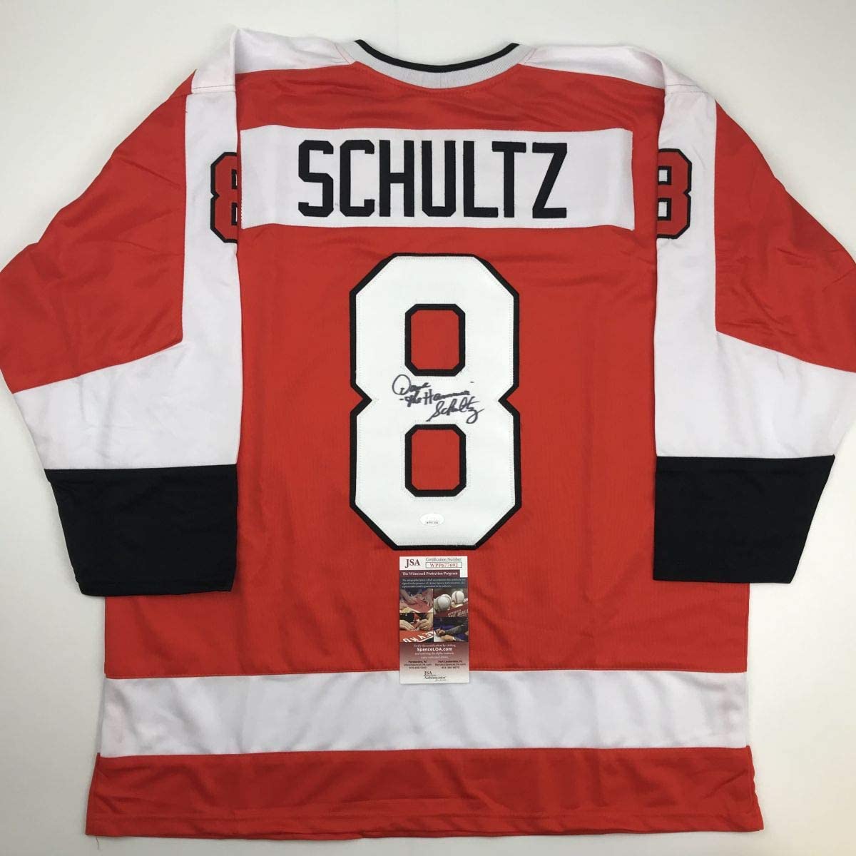 Autographed/Signed Dave Schultz The Hammer Philadelphia Orange Hockey Jersey JSA COA