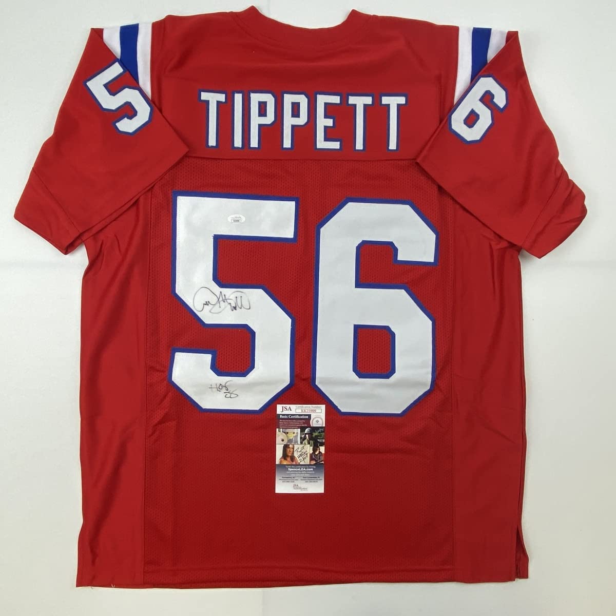 Autographed/Signed Andre Tippett HOF 08 New England Red Football Jersey JSA COA