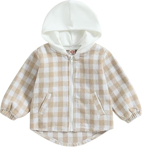Toddler Baby Plaid Hoodies Long Sleeve Removable Flannel Jacket Infant Boy Girl Zip Up Hooded Sweatshirt Outerwear