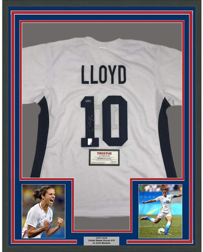 Framed Autographed/Signed Carli Lloyd 35x39 White Soccer Team USA World Cup Jersey Tristar COA