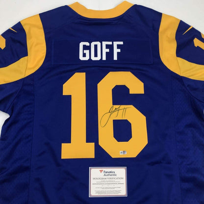 Autographed/Signed Jared Goff Los Angeles LA Retro Blue Football Jersey Fanatics COA
