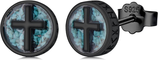 Cross/Ankh/Peace/Viking Stud Earrings for Men Women 925 Sterling Silver Turquoise Earrings Hypoallergenic Celtic Jewelry Valentines Birthday Gifts for Friends Brothers Sisters