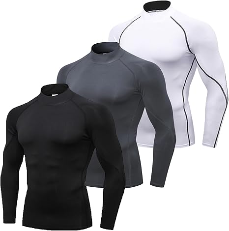SPVISE 3 Pack Men's Compression Shirts Long Sleeve Athletic Muscle Support Workout Tops for Football Undershirt Base Layer