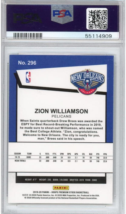Graded 2019-20 NBA Hoops Premium Stock Zion Williamson #296 Rookie RC Basketball Card PSA 10 Gem Mint