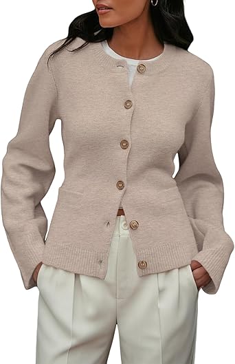 BAIGRAM Women Crew Neck Button Up Bell Sleeve Cardigan Sweaters Fall Trendy Cute Elegant Knit Tops Pullover