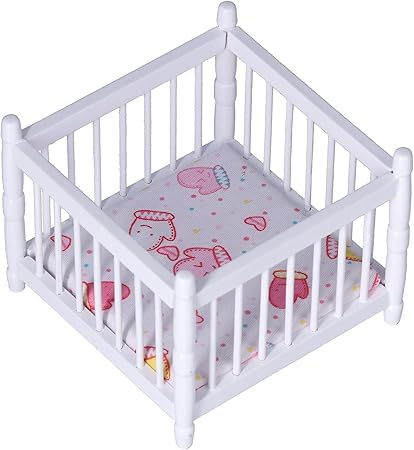 1:12 Scale Wooden Doll House Baby Bed DIY Miniature Doll House Mini Furniture Accessories with Mattress Square Bed White Children's Day Gift