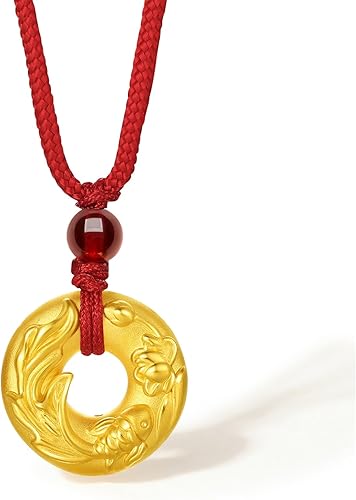 24K Pure Gold Belessing Pendant Circle Peace Buckle Koi Fish Lotus Flower Gold Pendant Necklace with Garnet Bead Red Rope Necklace for Women Men