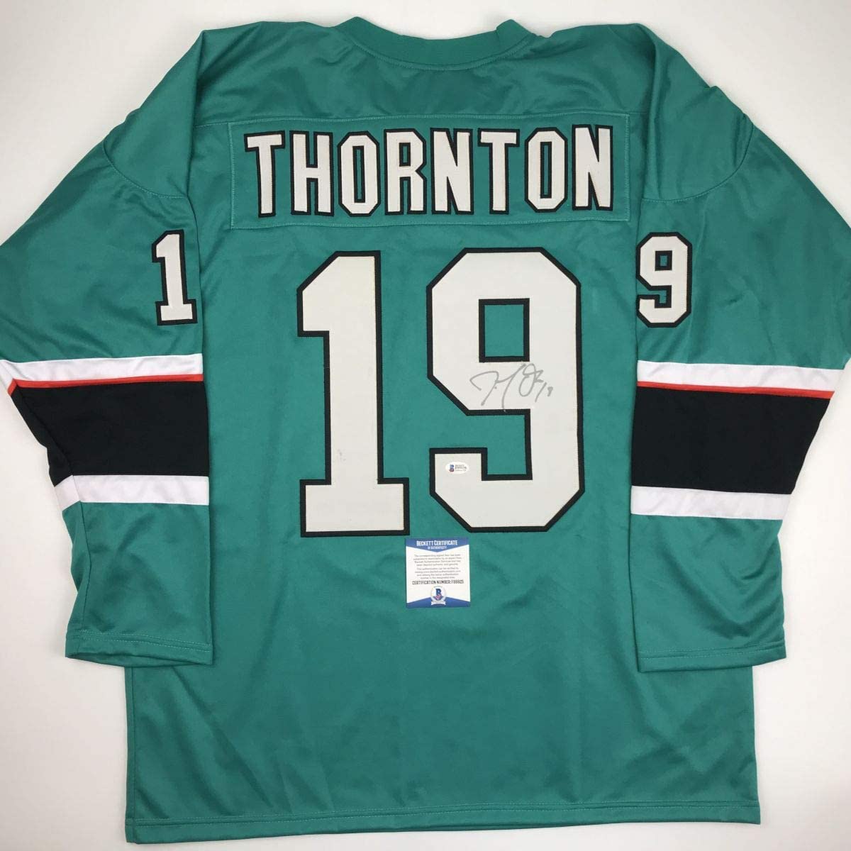 Autographed/Signed Joe Thornton San Jose Green Hockey Jersey Beckett BAS COA