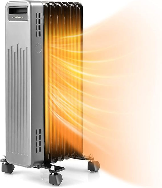 COSTWAY Oil Filled Radiator Heater 1500W, Portable Electric Oil Heater w/Universal Wheels, 3-Level Heat, Tip-Over & Overheat Protection, Small Space Heater for Living Room, Bedroom, Office, Black
