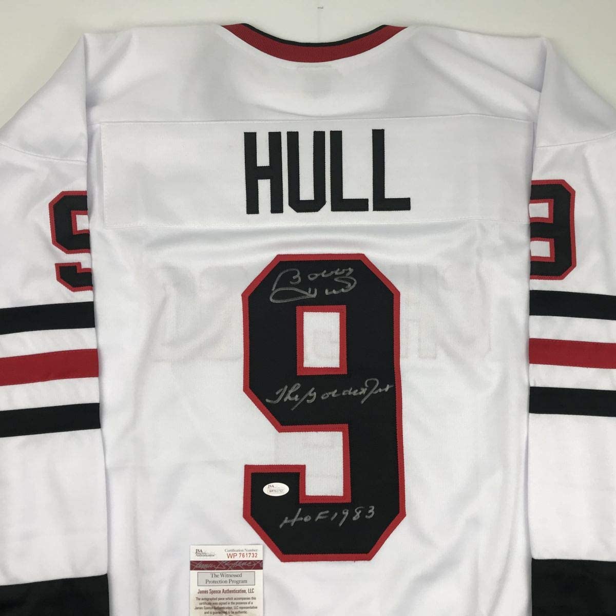 Autographed/Signed Bobby Hull The Golden Jet HOF 1983 Chicago White Hockey Jersey JSA COA