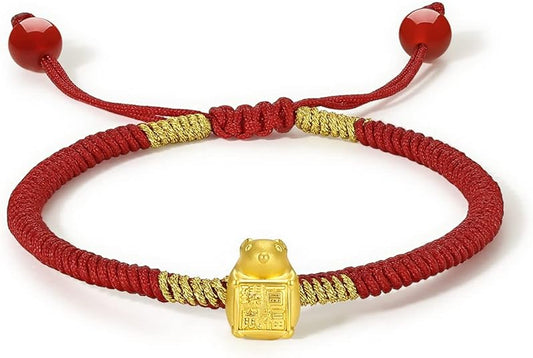 24K Gold Bracelet Chinese Zodiac Charm Bracelets Adjustable Red String Chain Lucky Link Good Luck Jewelry Snake Dragon Animal Beads Protection Braided Rope Stackable Bangle Unisex Gifts for Women Men
