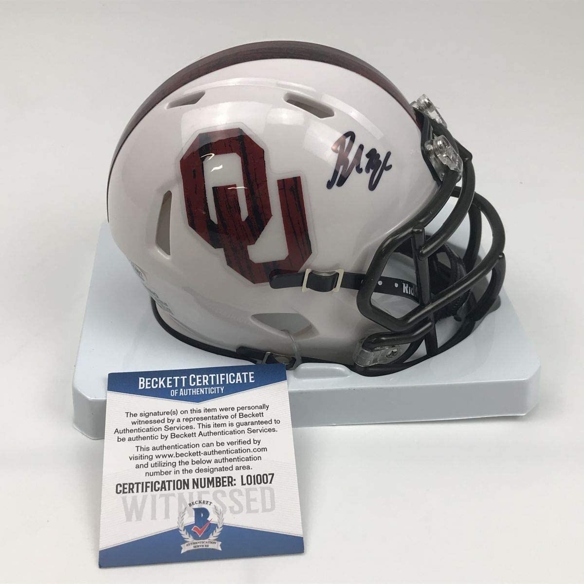 Autographed/Signed Baker Mayfield Oklahoma Sooners Mini College Football Helmet Beckett BAS COA