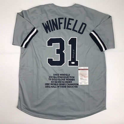 Autographed/Signed Dave Winfield New York Grey Stat Baseball Jersey JSA COA