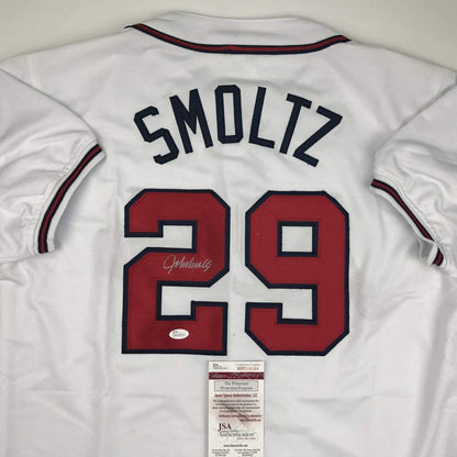 Autographed/Signed John Smoltz Atlanta White Baseball Jersey JSA COA