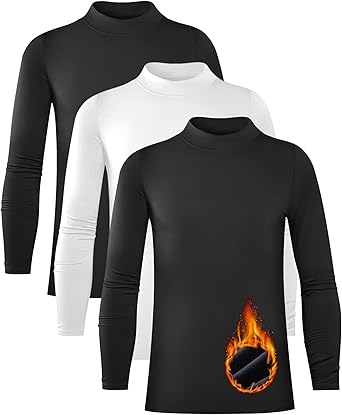 Rolimaka 3 Pack Youth Boys Compression Thermal Shirt Long Sleeve Fleece Undershirt Football Baseball Soccer Base Layer Top