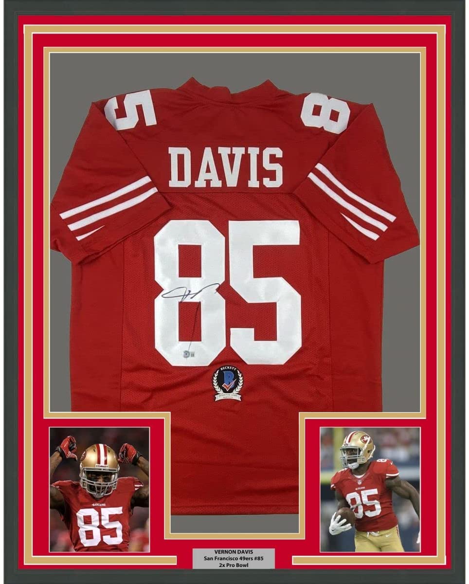 Framed Autographed/Signed Vernon Davis 35x39 San Francisco Red Football Jersey Beckett BAS COA