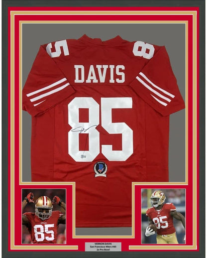 Framed Autographed/Signed Vernon Davis 35x39 San Francisco Red Football Jersey Beckett BAS COA
