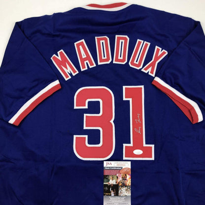Autographed/Signed Greg Maddux Chicago Blue Baseball Jersey JSA COA