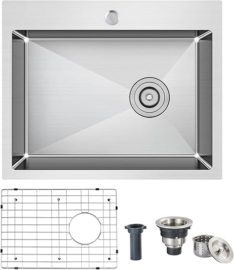 25 x 18 Drop in kitchen sink, 9" Deep Stainless Steel Sinks, Topmount Kitchen Sink with Strainer & Bottom Grid, Brushed