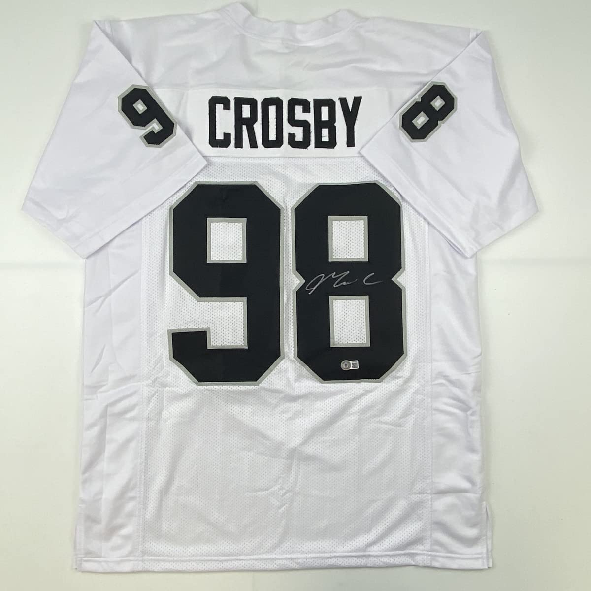 Autographed/Signed Maxx Crosby Las Vegas Oakland White Football Jersey Beckett BAS COA