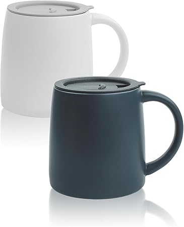 Classic Mug, 16 oz Large Coffee Mug with Handle, Ceramic Porcelain Tea Cup, Smooth Matte (Sliding Lid, Set of 2, White and Navy Blue)